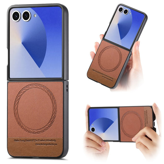For Samsung Galaxy Z Flip7 5G Case Compatible with MagSafe Denim Texture Leather + PC Shockproof Phone Cover - Brown