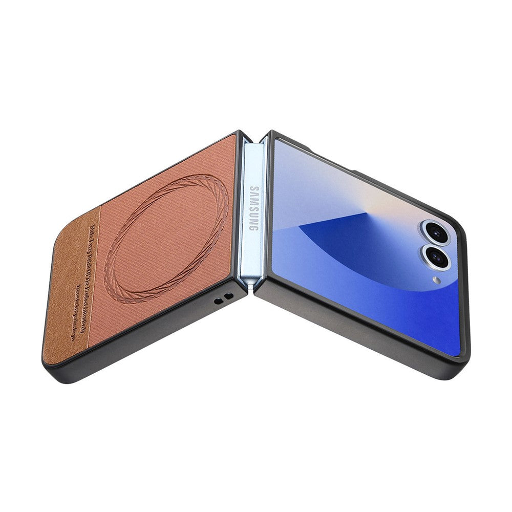 For Samsung Galaxy Z Flip7 5G Case Compatible with MagSafe Denim Texture Leather + PC Shockproof Phone Cover - Brown