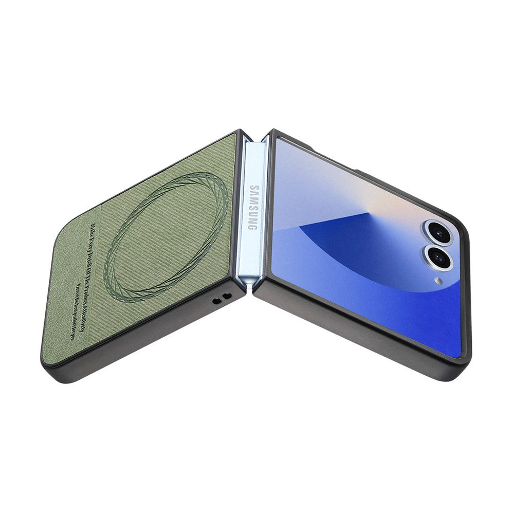 For Samsung Galaxy Z Flip7 5G Case Compatible with MagSafe Denim Texture Leather + PC Shockproof Phone Cover - Green
