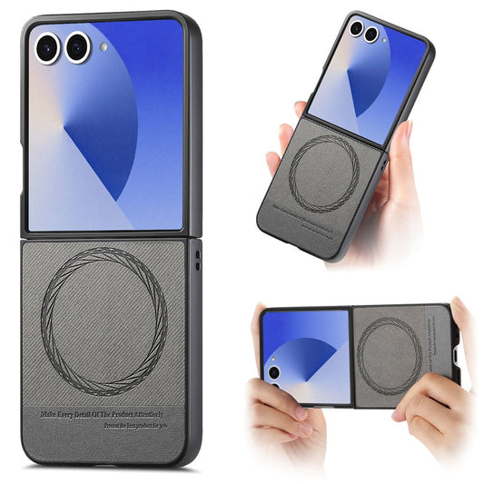 For Samsung Galaxy Z Flip7 5G Case Compatible with MagSafe Denim Texture Leather + PC Shockproof Phone Cover - Grey