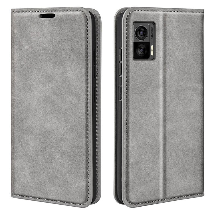 For Motorola Edge 30 Neo 5G / Edge 30 Lite Skin-touch PU Leather Flip Wallet Cover Stand Magnetic Absorption Shockproof Phone Case - Grey
