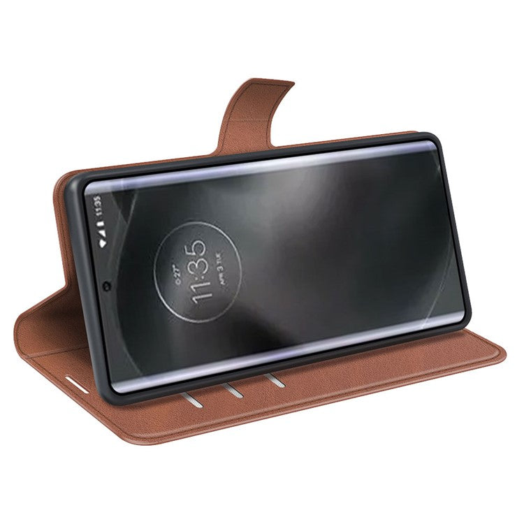 For Motorola Edge 30 Neo 5G / Edge 30 Lite Calf Textured PU Leather Flip Phone Case Square Magnetic Clasp Stand Wallet Shockproof Folio Cover  - Light Brown