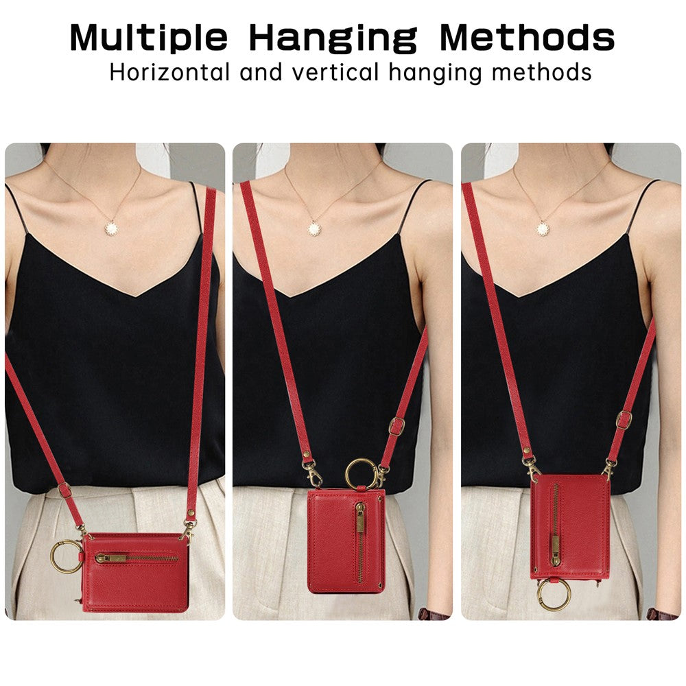 For Samsung Galaxy Z Flip7 FE 5G / Z Flip6 5G Leather Back Cover Zipper Wallet Kickstand Phone Case with Shoulder Strap - Red