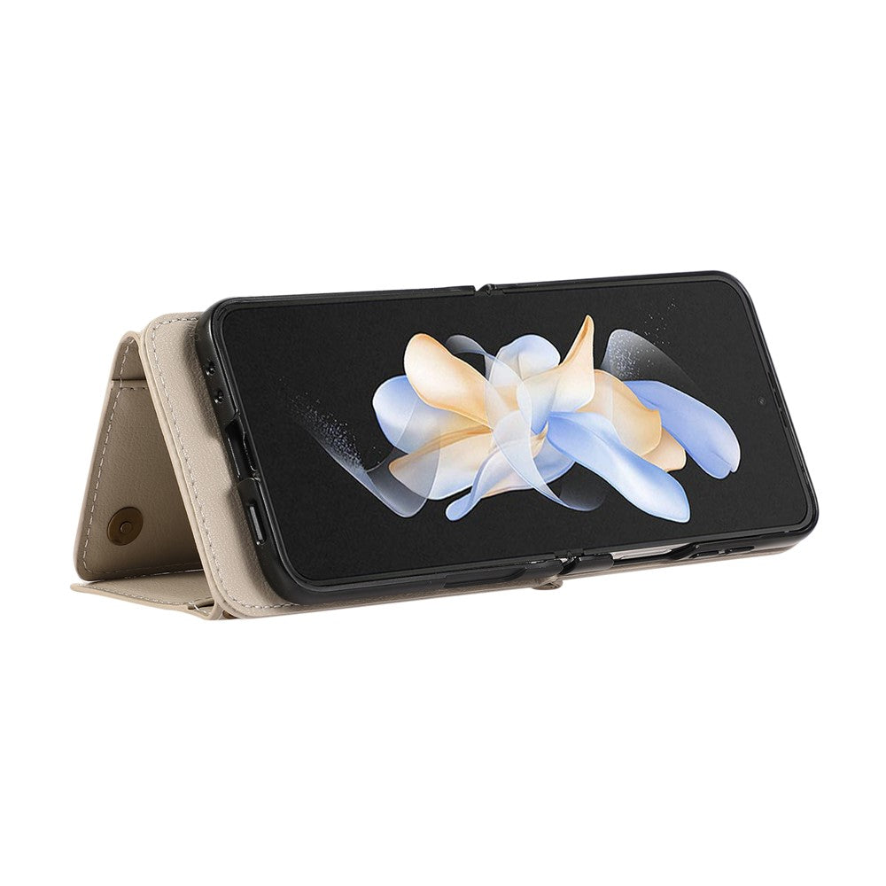 For Samsung Galaxy Z Flip7 FE 5G / Z Flip6 5G Leather Back Cover Zipper Wallet Kickstand Phone Case with Shoulder Strap - Beige