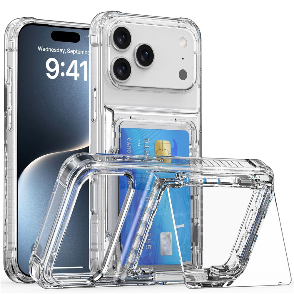 For iPhone 17 Pro Max Clear Case PC + TPU Phone Cover Card Holder Kickstand - Transparent