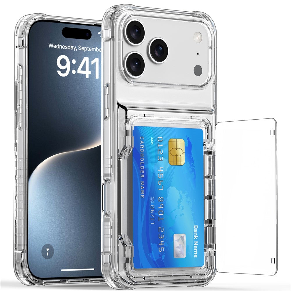 For iPhone 17 Pro Max Clear Case PC + TPU Phone Cover Card Holder Kickstand - Transparent