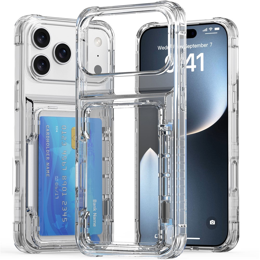 For iPhone 17 Pro Max Clear Case PC + TPU Phone Cover Card Holder Kickstand - Transparent