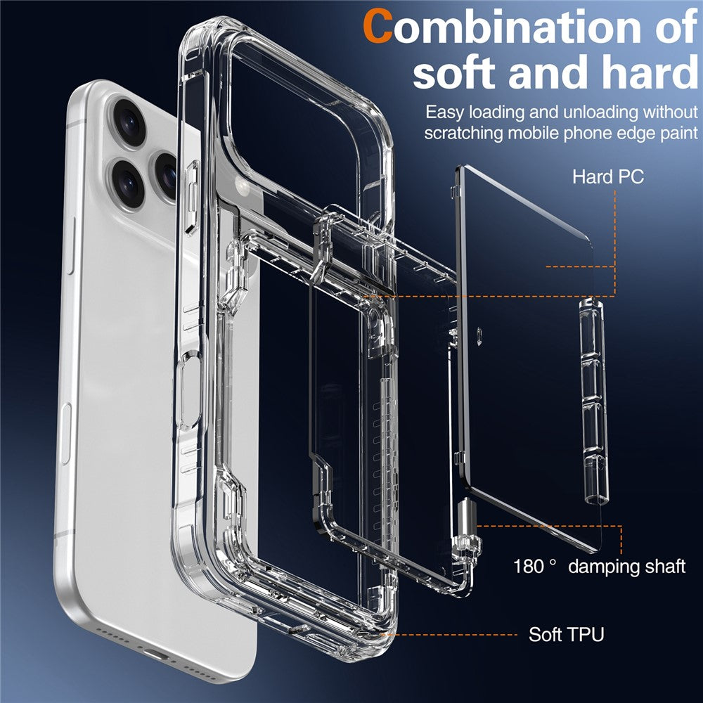 For iPhone 17 Pro Max Clear Case PC + TPU Phone Cover Card Holder Kickstand - Transparent