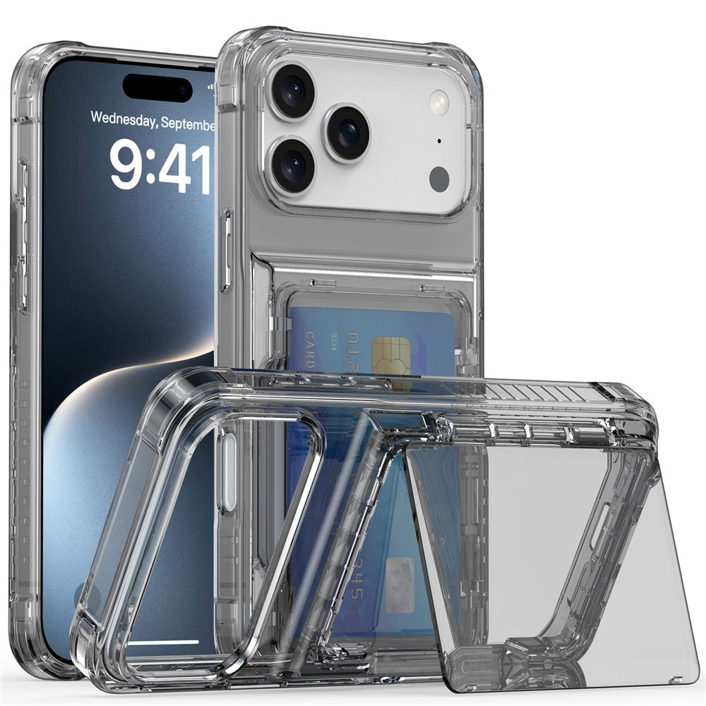 For iPhone 17 Pro Max Clear Case PC + TPU Phone Cover Card Holder Kickstand - Transparent Black