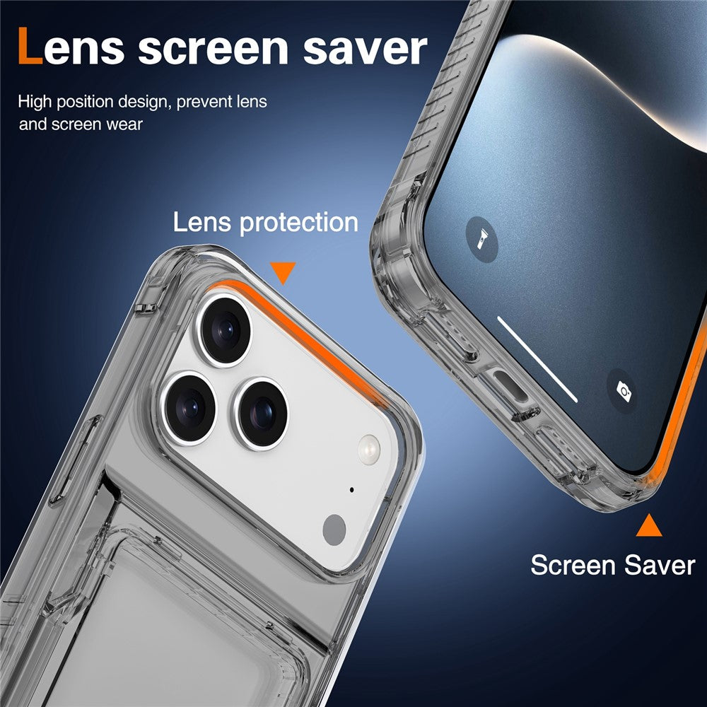 For iPhone 17 Pro Max Clear Case PC + TPU Phone Cover Card Holder Kickstand - Transparent Black