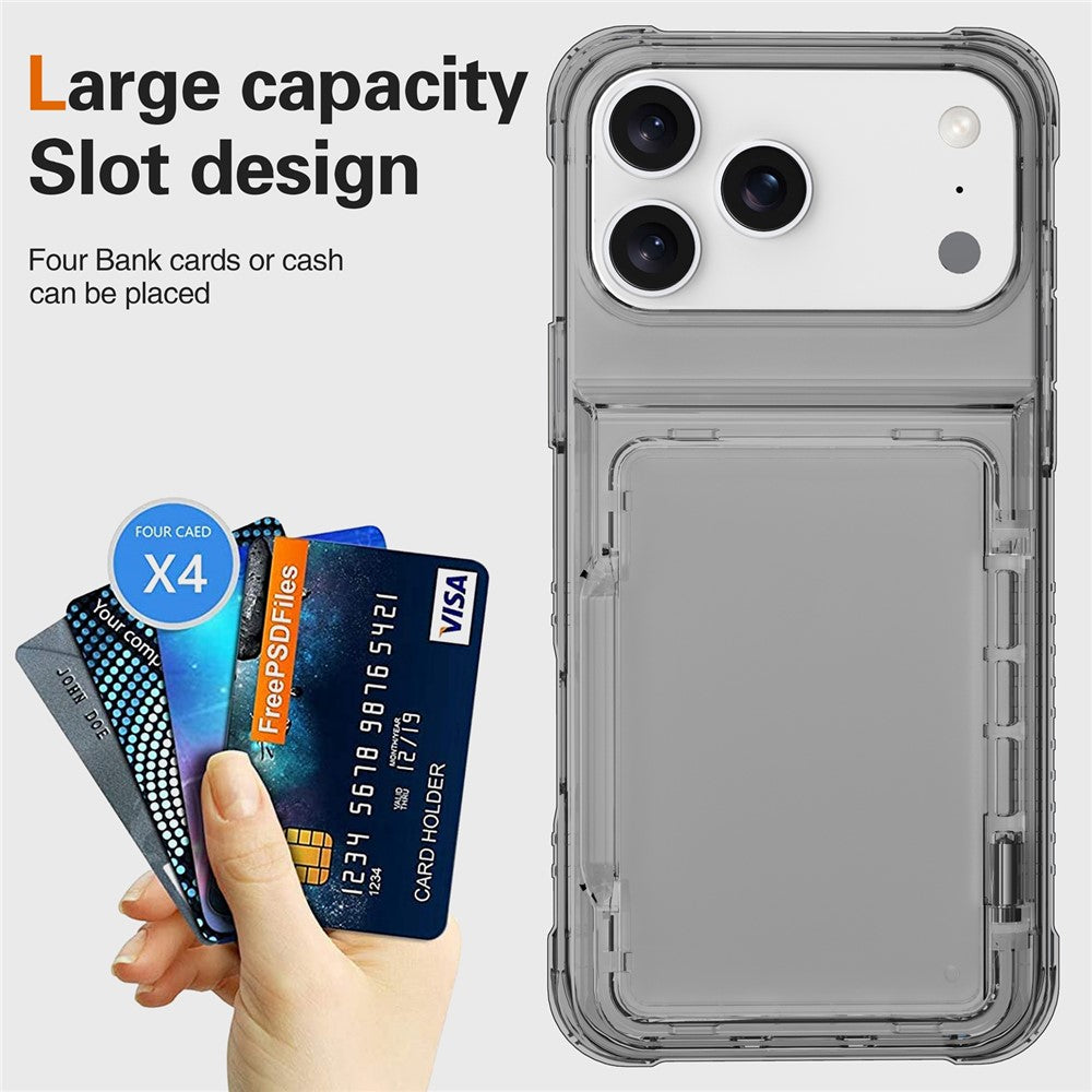 For iPhone 17 Pro Max Clear Case PC + TPU Phone Cover Card Holder Kickstand - Transparent Black