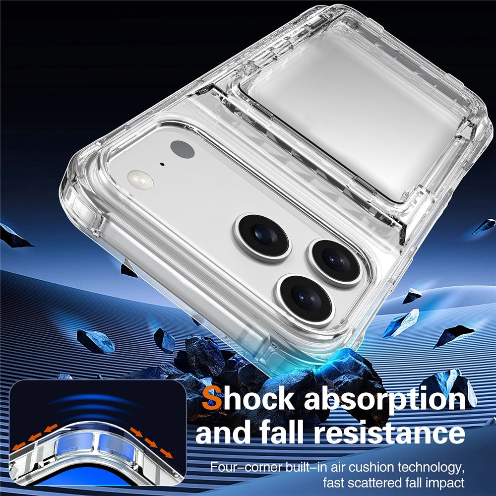 For iPhone 17 Pro Max Clear Case PC + TPU Phone Cover Card Holder Kickstand - Transparent Black