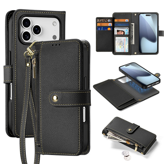 For iPhone 17 Pro Max Case DUX DUCIS Lawa Series Detachable Magnetic Cowhide Leather Cover Zipper Wallet - Black