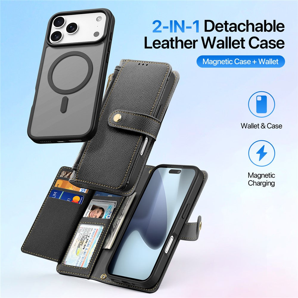 For iPhone 17 Pro Max Case DUX DUCIS Lawa Series Detachable Magnetic Cowhide Leather Cover Zipper Wallet - Black