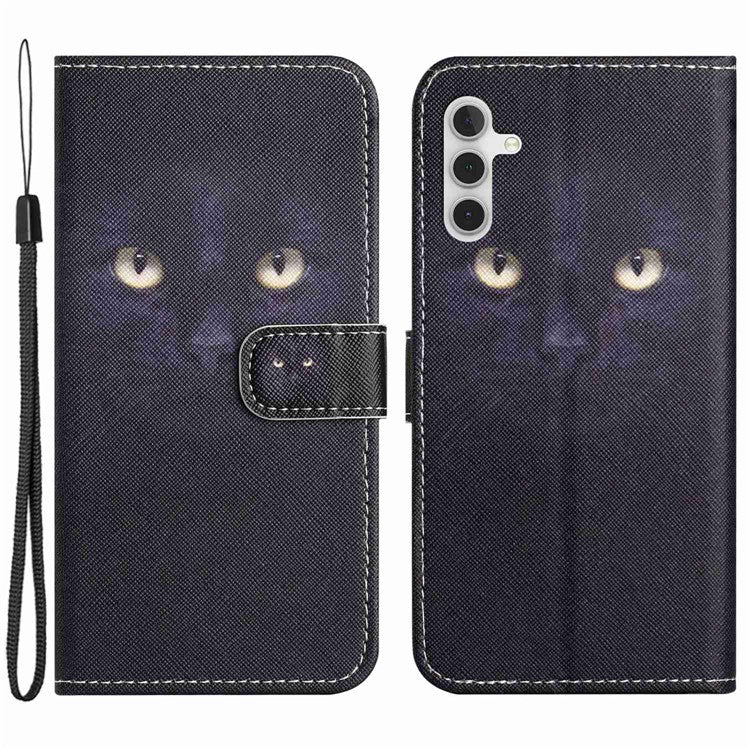 For Samsung Galaxy A14 5G / A14 4G Cross Texture PU Leather Phone Cover 3D Pattern Printing Stand Wallet Shockproof Case - Cat's Eye