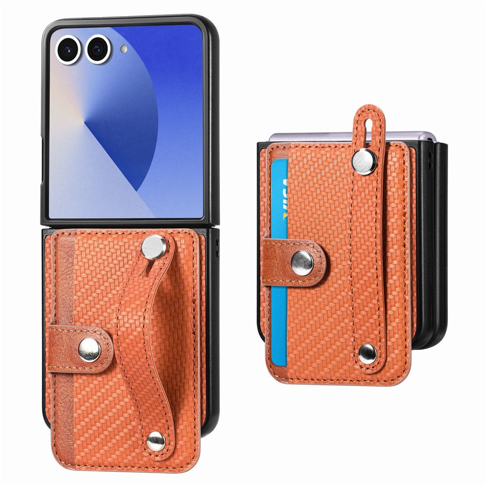 For Samsung Galaxy Z Flip7 5G Case Carbon Fiber Texture Leather Phone Back Cover with Card Holder - Brown