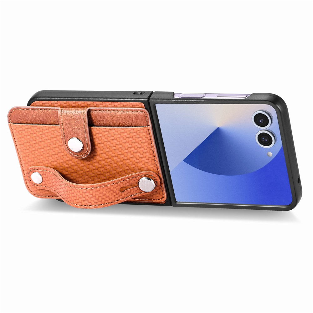 For Samsung Galaxy Z Flip7 5G Case Carbon Fiber Texture Leather Phone Back Cover with Card Holder - Brown