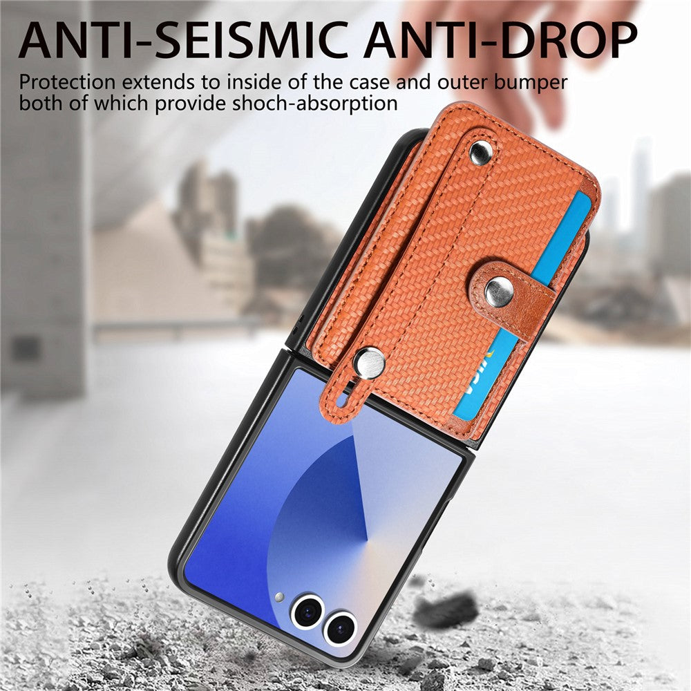 For Samsung Galaxy Z Flip7 5G Case Carbon Fiber Texture Leather Phone Back Cover with Card Holder - Brown