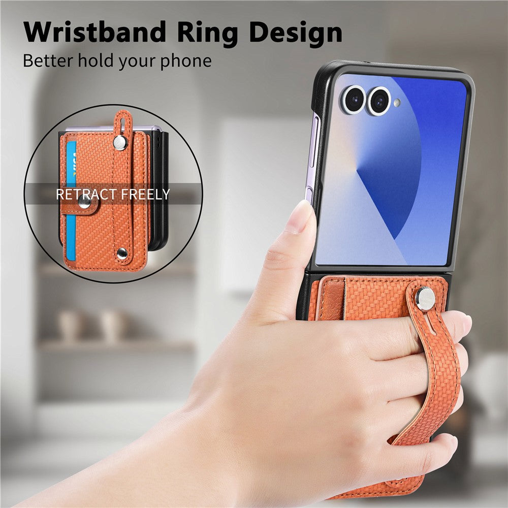 For Samsung Galaxy Z Flip7 5G Case Carbon Fiber Texture Leather Phone Back Cover with Card Holder - Brown