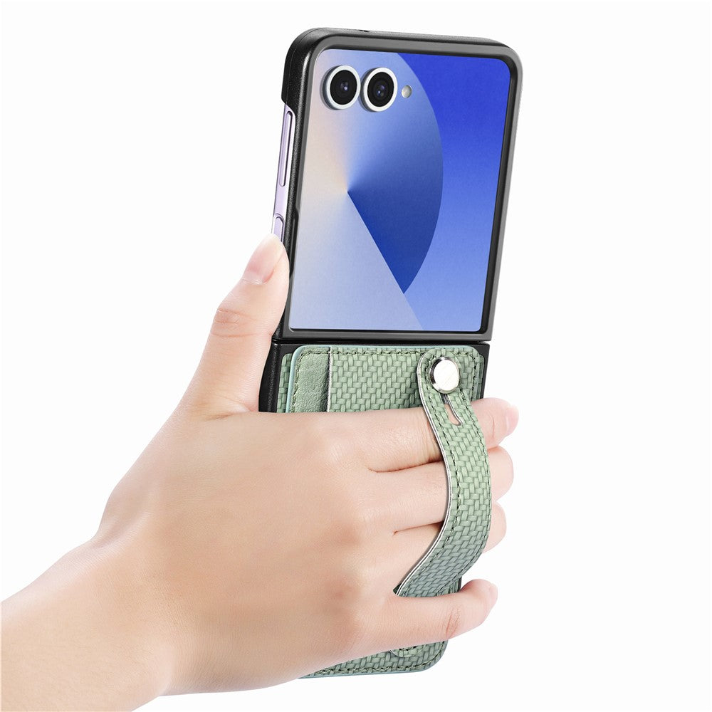For Samsung Galaxy Z Flip7 5G Case Carbon Fiber Texture Leather Phone Back Cover with Card Holder - Green