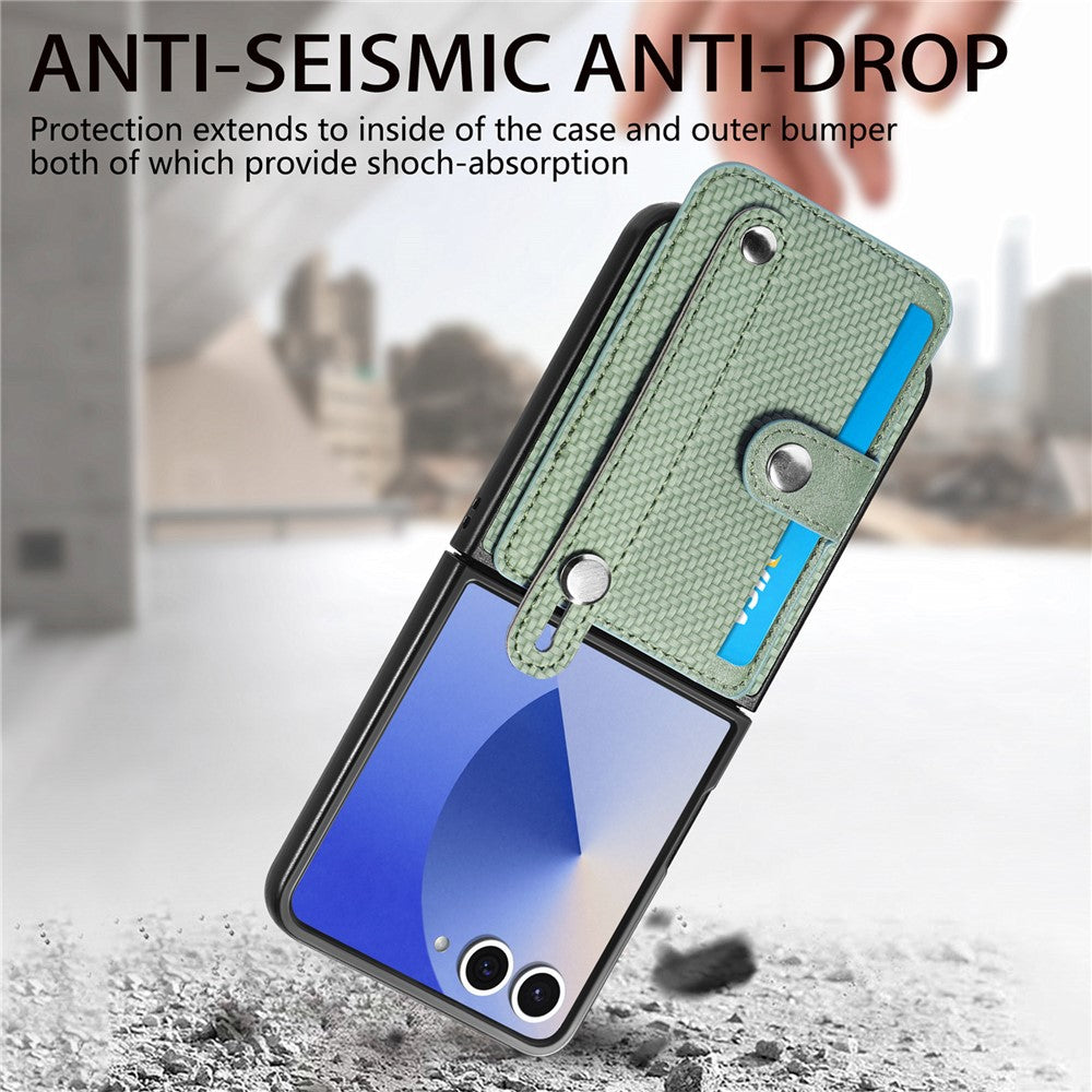 For Samsung Galaxy Z Flip7 5G Case Carbon Fiber Texture Leather Phone Back Cover with Card Holder - Green