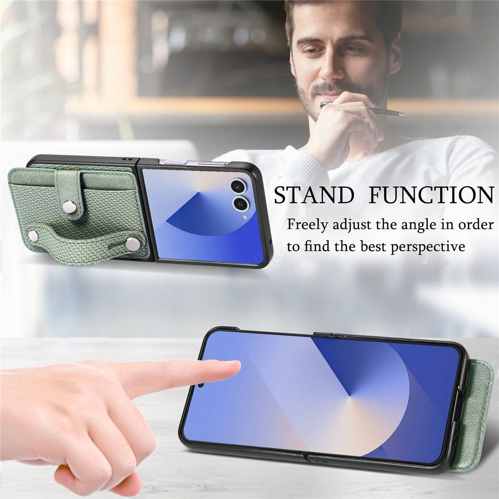 For Samsung Galaxy Z Flip7 5G Case Carbon Fiber Texture Leather Phone Back Cover with Card Holder - Green