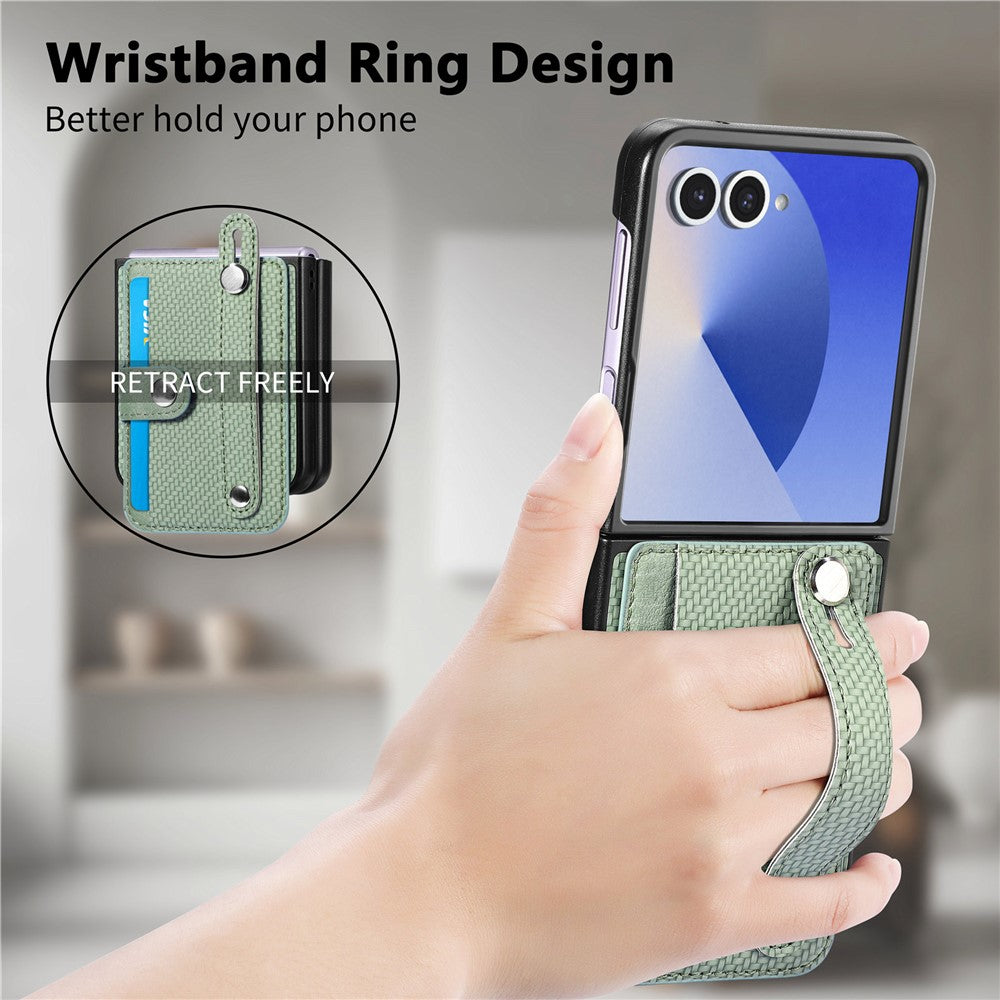 For Samsung Galaxy Z Flip7 5G Case Carbon Fiber Texture Leather Phone Back Cover with Card Holder - Green