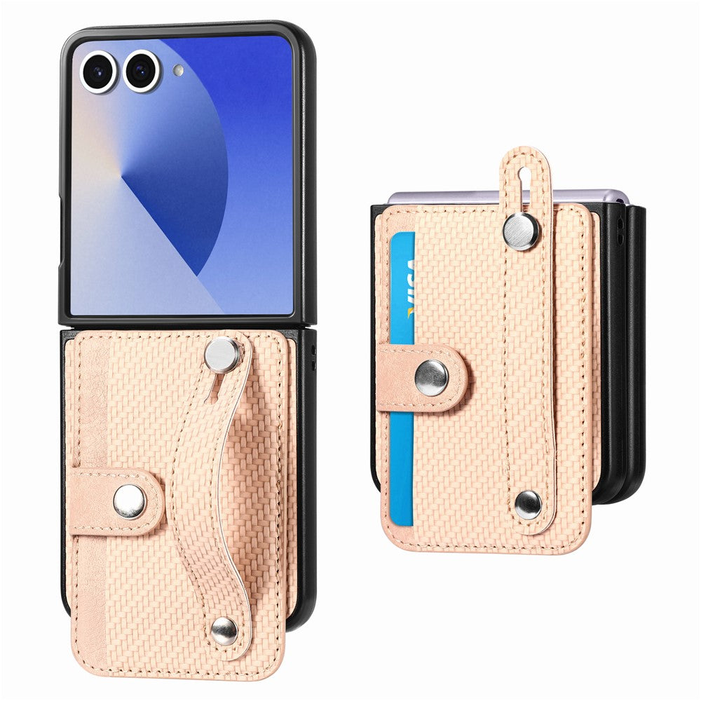 For Samsung Galaxy Z Flip7 5G Case Carbon Fiber Texture Leather Phone Back Cover with Card Holder - Khaki
