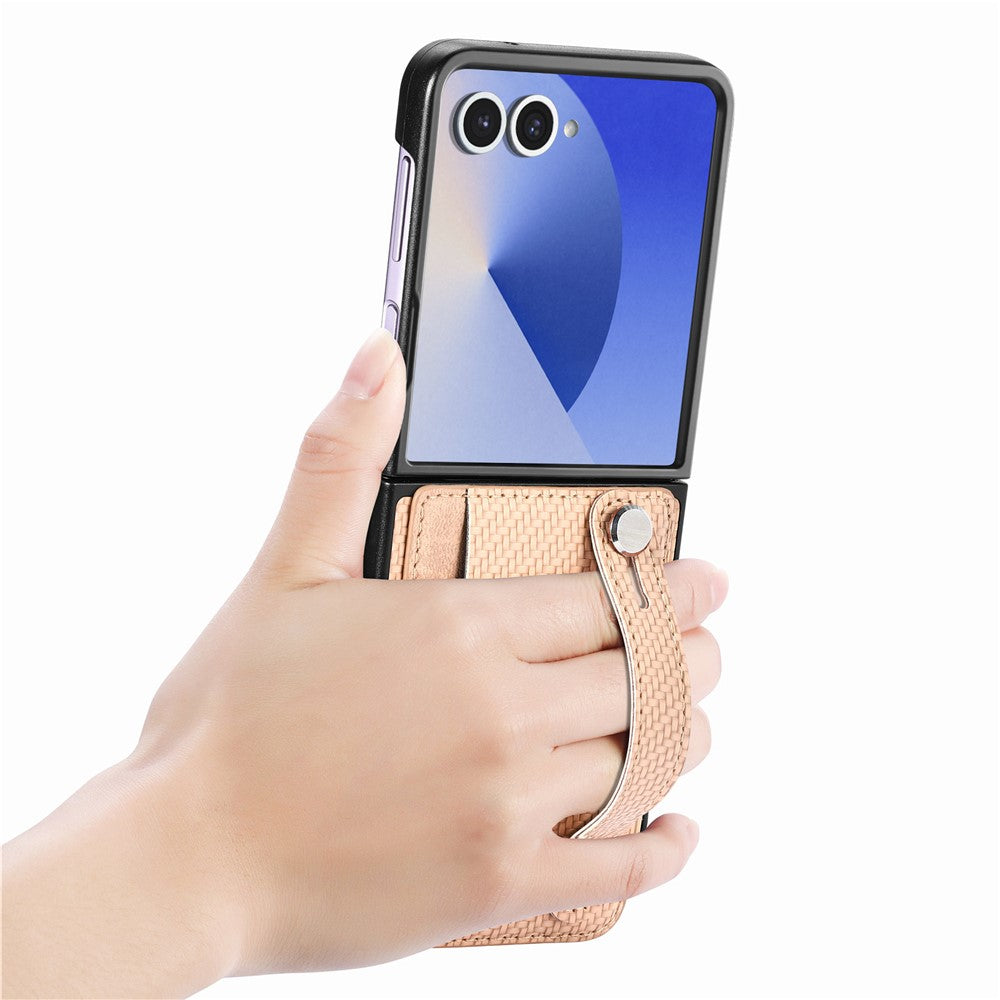 For Samsung Galaxy Z Flip7 5G Case Carbon Fiber Texture Leather Phone Back Cover with Card Holder - Khaki