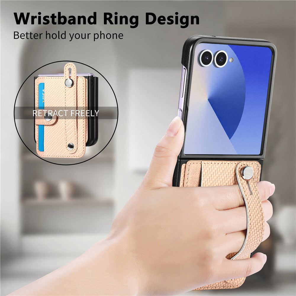 For Samsung Galaxy Z Flip7 5G Case Carbon Fiber Texture Leather Phone Back Cover with Card Holder - Khaki