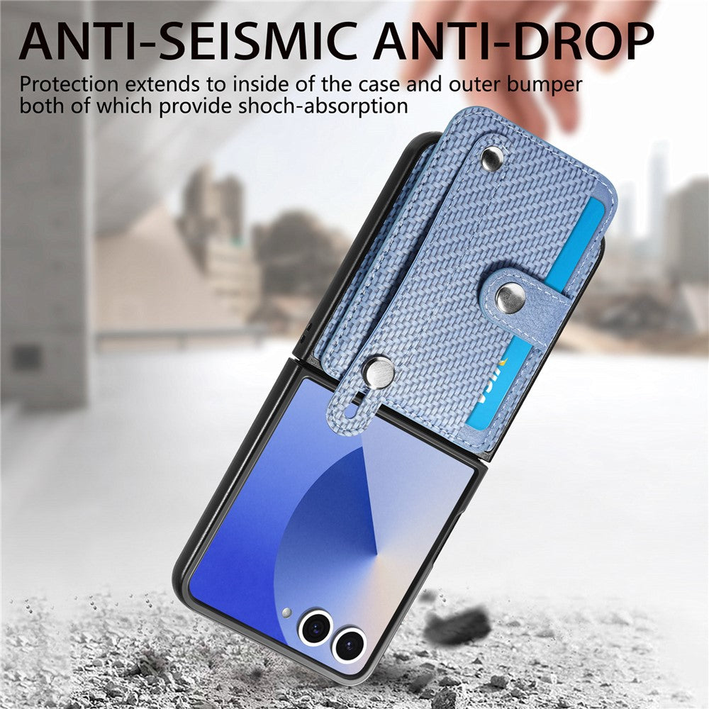 For Samsung Galaxy Z Flip7 5G Case Carbon Fiber Texture Leather Phone Back Cover with Card Holder - Blue