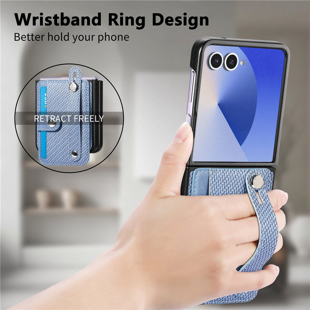 For Samsung Galaxy Z Flip7 5G Case Carbon Fiber Texture Leather Phone Back Cover with Card Holder - Blue