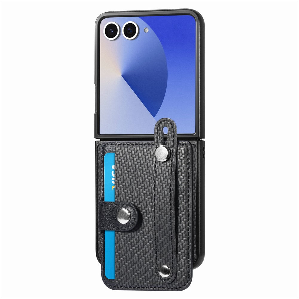 For Samsung Galaxy Z Flip7 5G Case Carbon Fiber Texture Leather Phone Back Cover with Card Holder - Black
