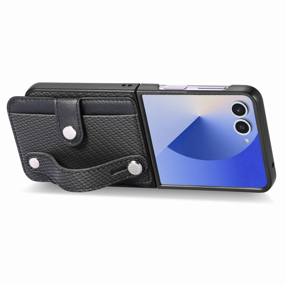 For Samsung Galaxy Z Flip7 5G Case Carbon Fiber Texture Leather Phone Back Cover with Card Holder - Black