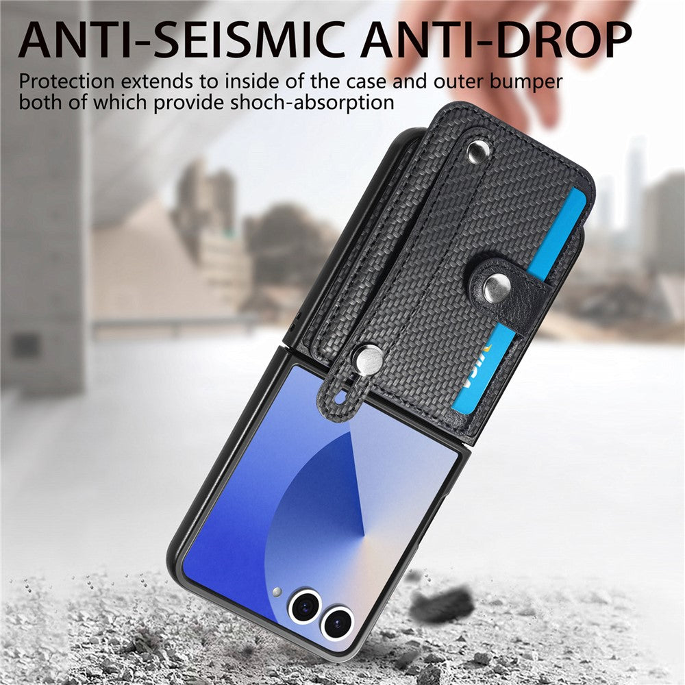 For Samsung Galaxy Z Flip7 5G Case Carbon Fiber Texture Leather Phone Back Cover with Card Holder - Black