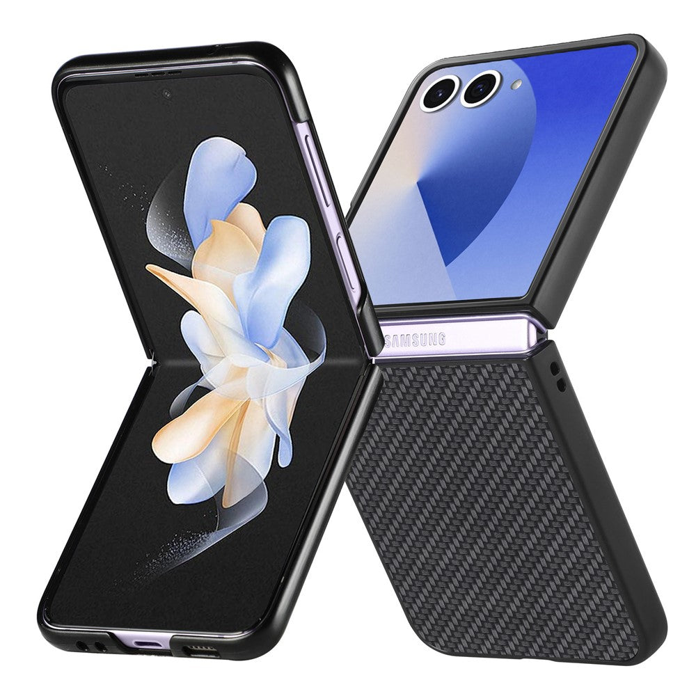 For Samsung Galaxy Z Flip7 5G Case Carbon Fiber Texture PU+PC+TPU Phone Back Cover - Black