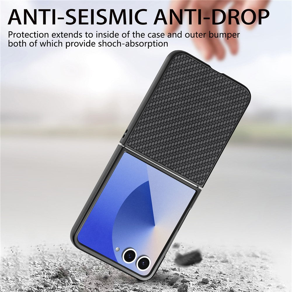 For Samsung Galaxy Z Flip7 5G Case Carbon Fiber Texture PU+PC+TPU Phone Back Cover - Black