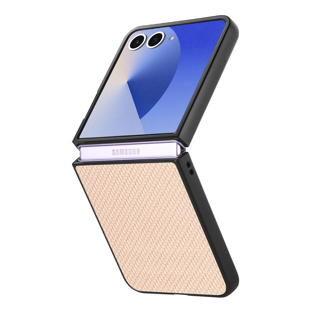 For Samsung Galaxy Z Flip7 5G Case Carbon Fiber Texture PU+PC+TPU Phone Back Cover - Apricot