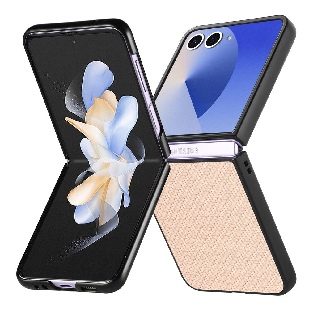 For Samsung Galaxy Z Flip7 5G Case Carbon Fiber Texture PU+PC+TPU Phone Back Cover - Apricot