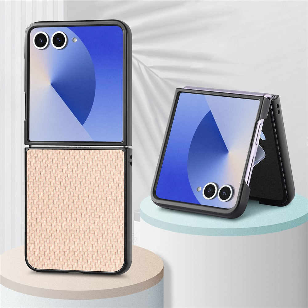 For Samsung Galaxy Z Flip7 5G Case Carbon Fiber Texture PU+PC+TPU Phone Back Cover - Apricot