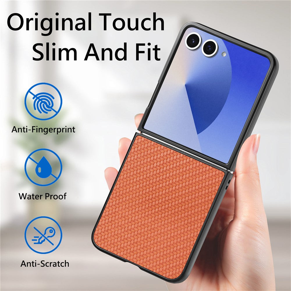 For Samsung Galaxy Z Flip7 5G Case Carbon Fiber Texture PU+PC+TPU Phone Back Cover - Brown