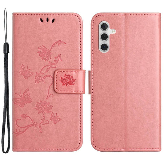 For Samsung Galaxy A14 5G / A14 4G Full Protection Butterfly Flower Imprinted Phone Case PU Leather + TPU Anti-scratch Flip Wallet Stand Cover - Pink