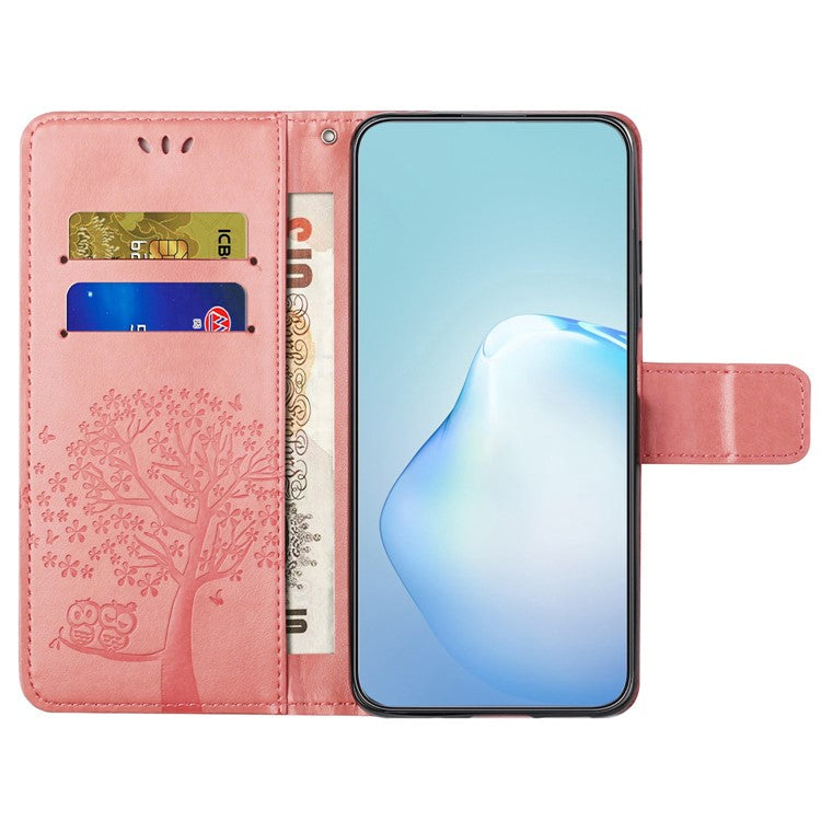 For Samsung Galaxy A14 5G / A14 4G Full Protection Cell Phone Cover PU Leather Imprinted Owl Tree Pattern Phone Case with Wallet Stand - Pink