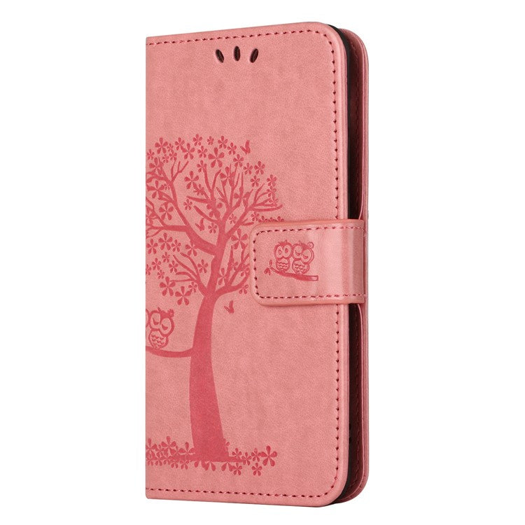 For Samsung Galaxy A14 5G / A14 4G Full Protection Cell Phone Cover PU Leather Imprinted Owl Tree Pattern Phone Case with Wallet Stand - Pink