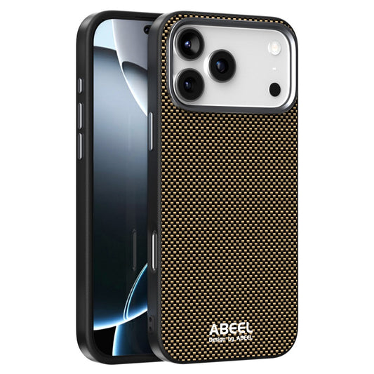 ABEEL For iPhone 17 Pro Max Case Compatible with MagSafe Printed PC TPU Aluminum Alloy Leather Phone Cover - Gold