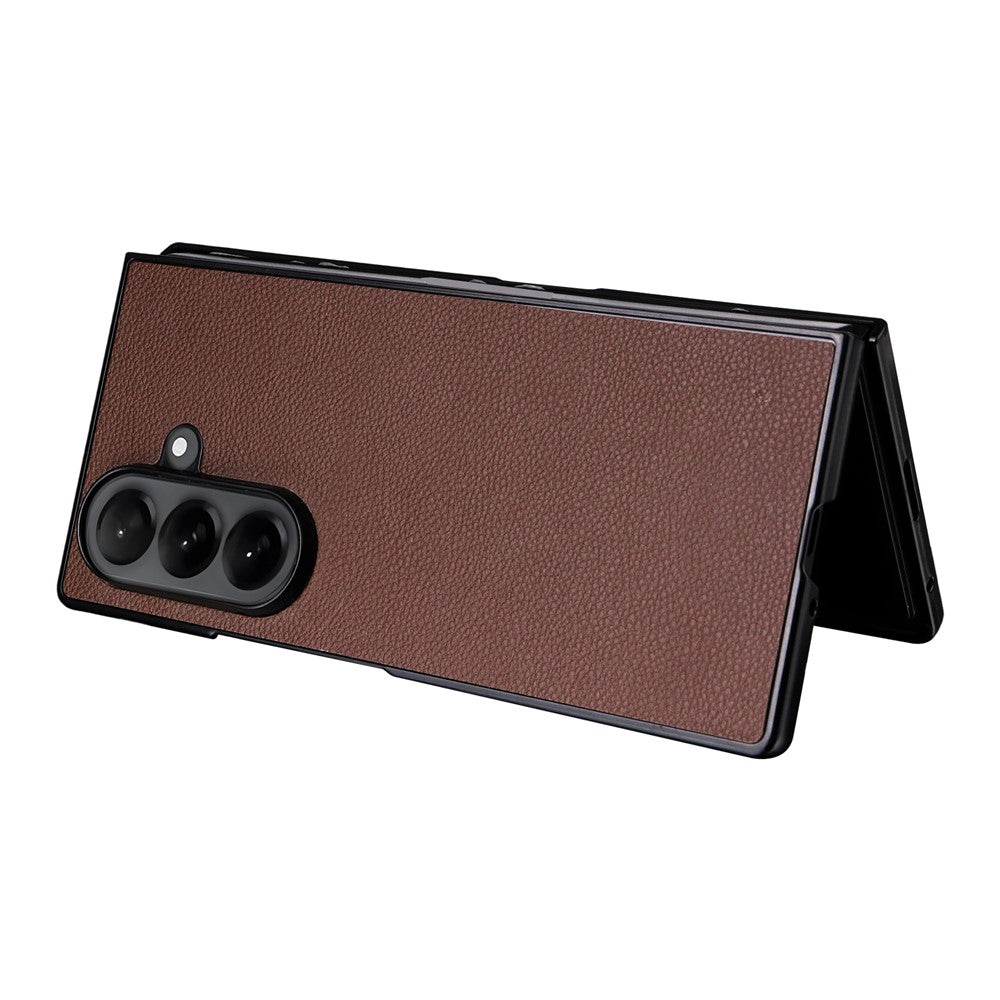For Samsung Galaxy Z Fold7 5G Case Litchi Texture Leather + Hard PC Phone Cover - Brown