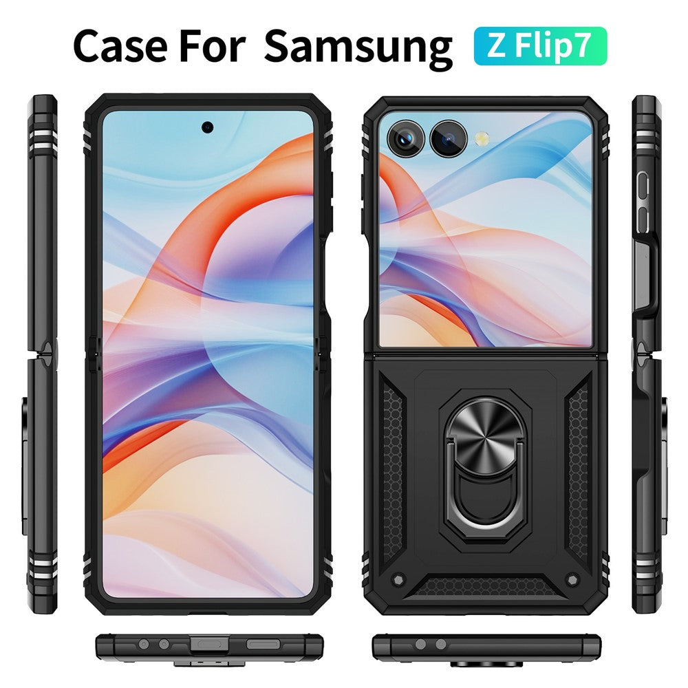 For Samsung Galaxy Z Flip7 5G Case TPU + PC Phone Cover with Ring Kickstand Drop Protection - Black