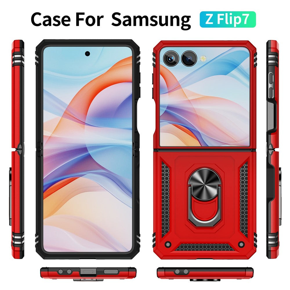 For Samsung Galaxy Z Flip7 5G Case TPU + PC Phone Cover with Ring Kickstand Drop Protection - Red