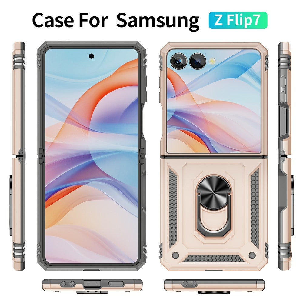 For Samsung Galaxy Z Flip7 5G Case TPU + PC Phone Cover with Ring Kickstand Drop Protection - Apricot