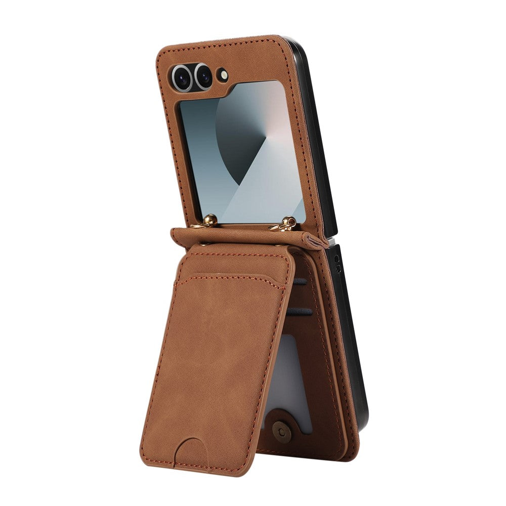 For Samsung Galaxy Z Flip7 FE 5G / Z Flip6 5G Case Card Holder Kickstand Leather + TPU Phone Cover with Shoulder Strap - Brown
